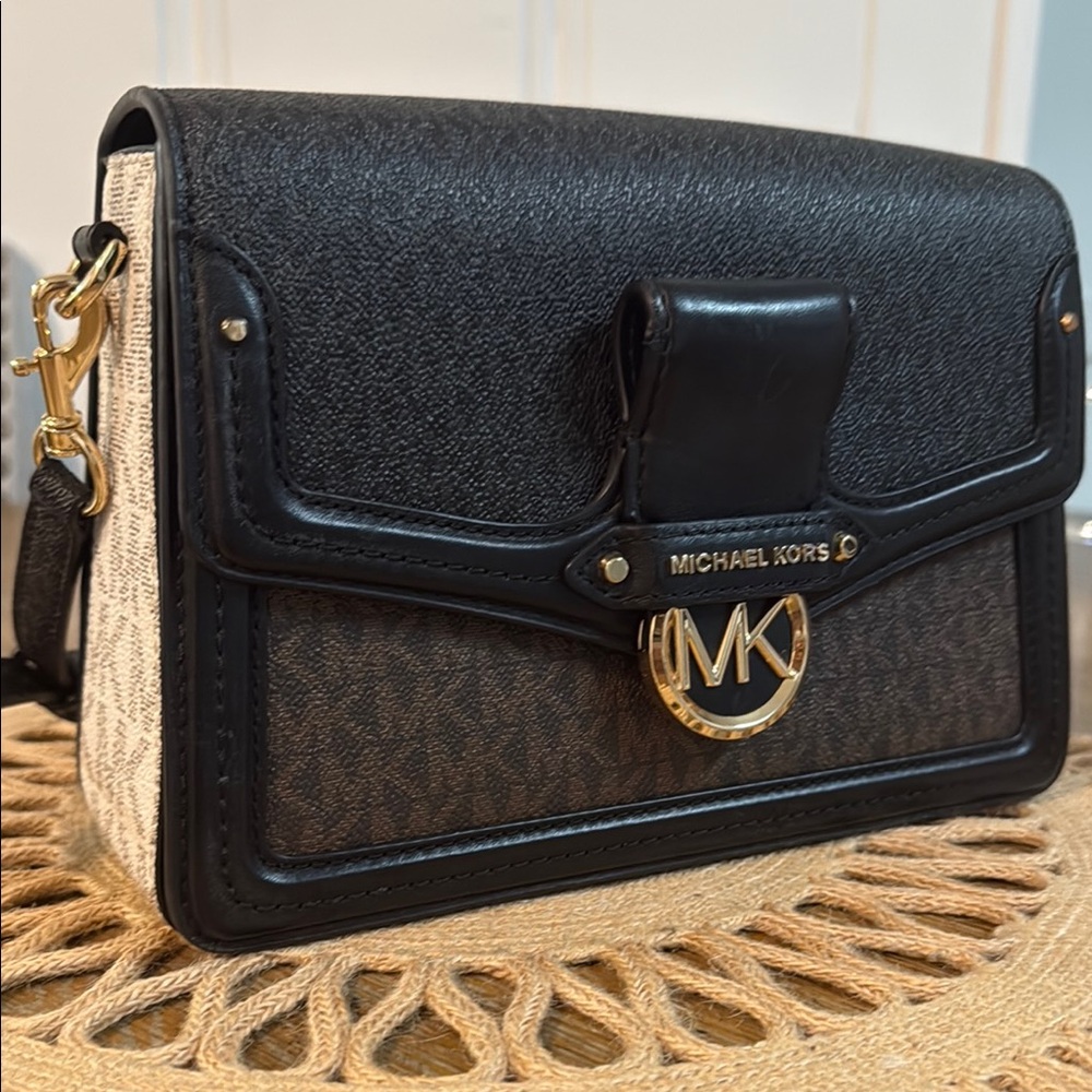 Michael Kors Black and Brown Crossbody Bag with Gold Accents